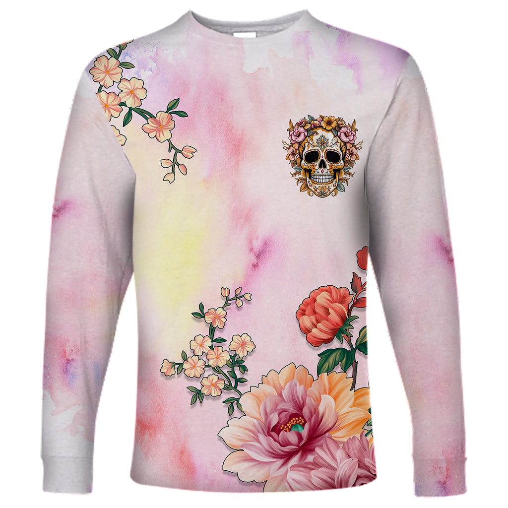 Flower Skull Long Sleeve Shirt She Is Sunshine Mixed With A Little Hurricane - Wonder Print Shop