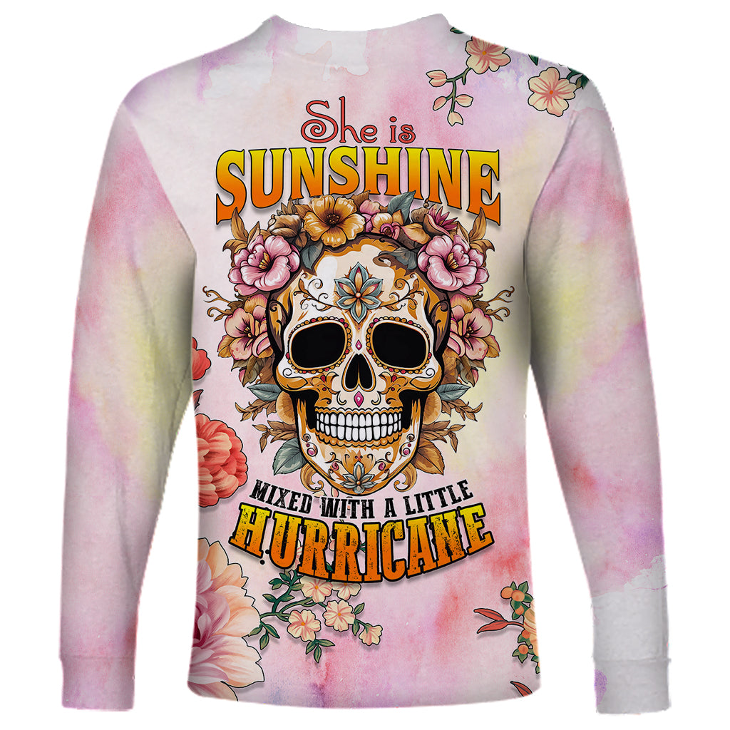 Flower Skull Long Sleeve Shirt She Is Sunshine Mixed With A Little Hurricane - Wonder Print Shop