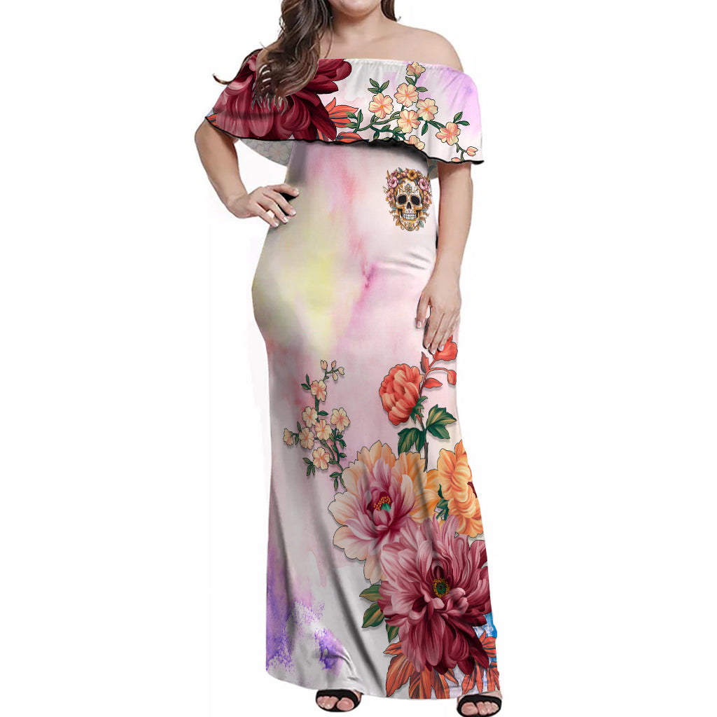 Flower Skull Off Shoulder Maxi Dress She Is Sunshine Mixed With A Little Hurricane - Wonder Print Shop