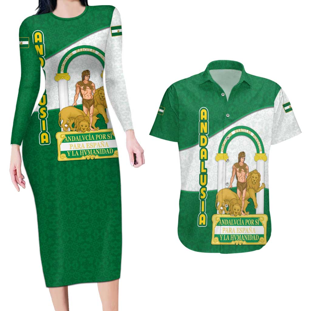 Andalusia Flag Couples Matching Long Sleeve Bodycon Dress and Hawaiian Shirt Autonomous Community of Spain - Wonder Print Shop