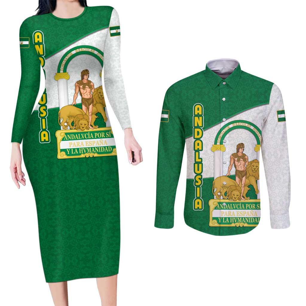 Andalusia Flag Couples Matching Long Sleeve Bodycon Dress and Long Sleeve Button Shirt Autonomous Community of Spain - Wonder Print Shop