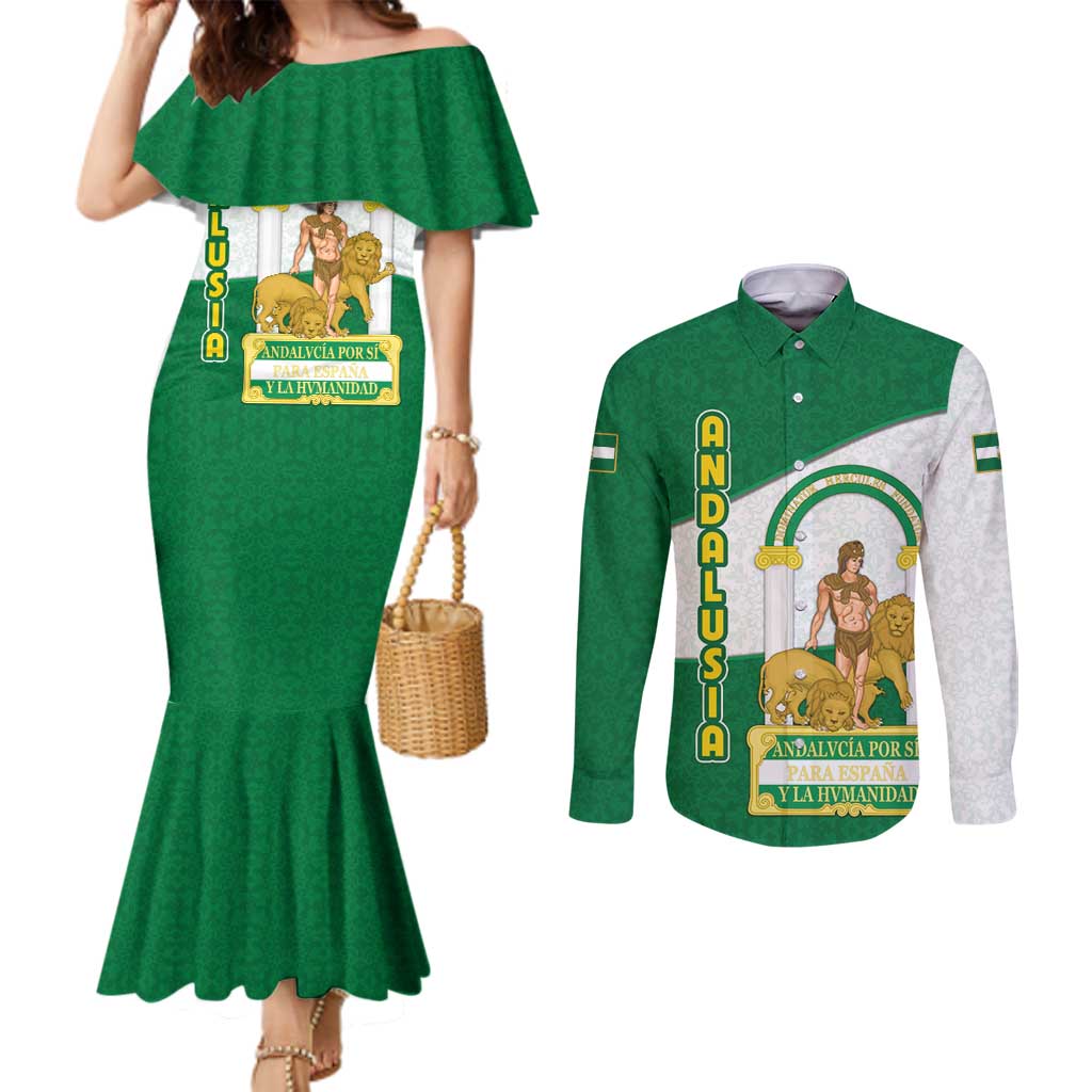 Andalusia Flag Couples Matching Mermaid Dress and Long Sleeve Button Shirt Autonomous Community of Spain - Wonder Print Shop