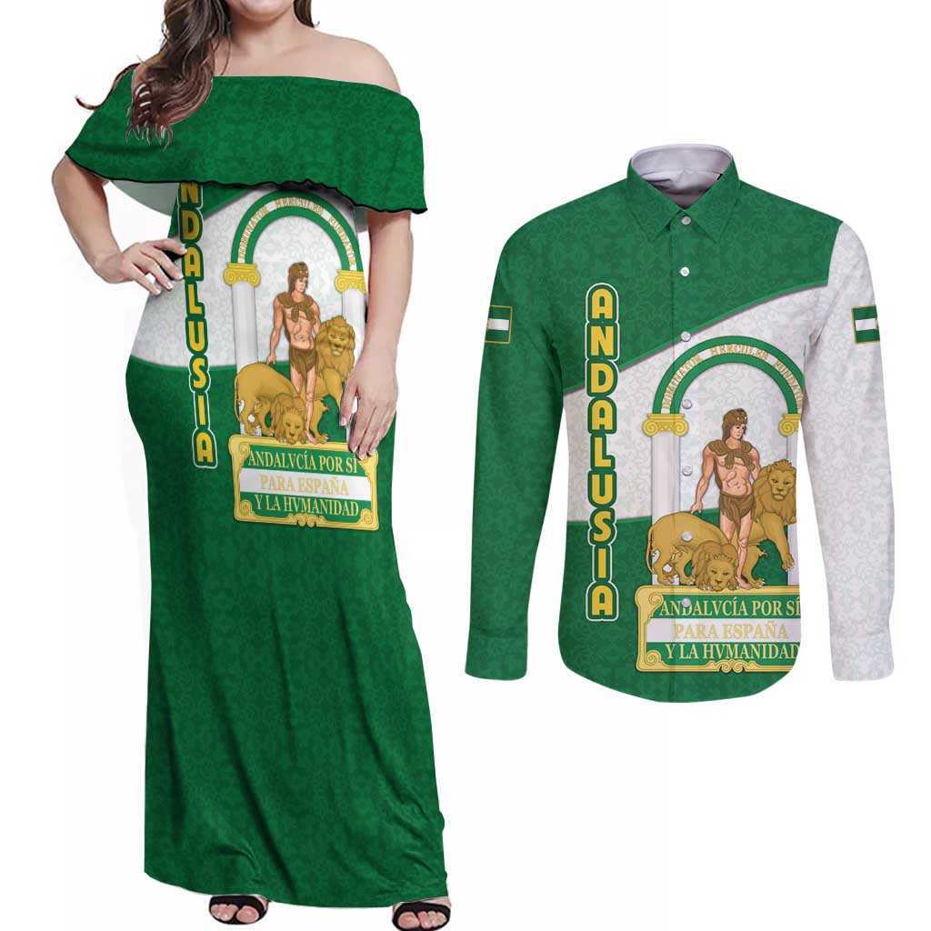 Andalusia Flag Couples Matching Off Shoulder Maxi Dress and Long Sleeve Button Shirt Autonomous Community of Spain - Wonder Print Shop