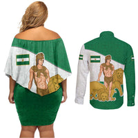 Andalusia Flag Couples Matching Off Shoulder Short Dress and Long Sleeve Button Shirt Autonomous Community of Spain - Wonder Print Shop