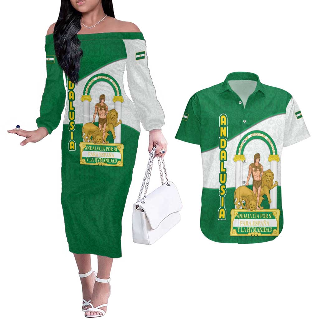 Andalusia Flag Couples Matching Off The Shoulder Long Sleeve Dress and Hawaiian Shirt Autonomous Community of Spain - Wonder Print Shop