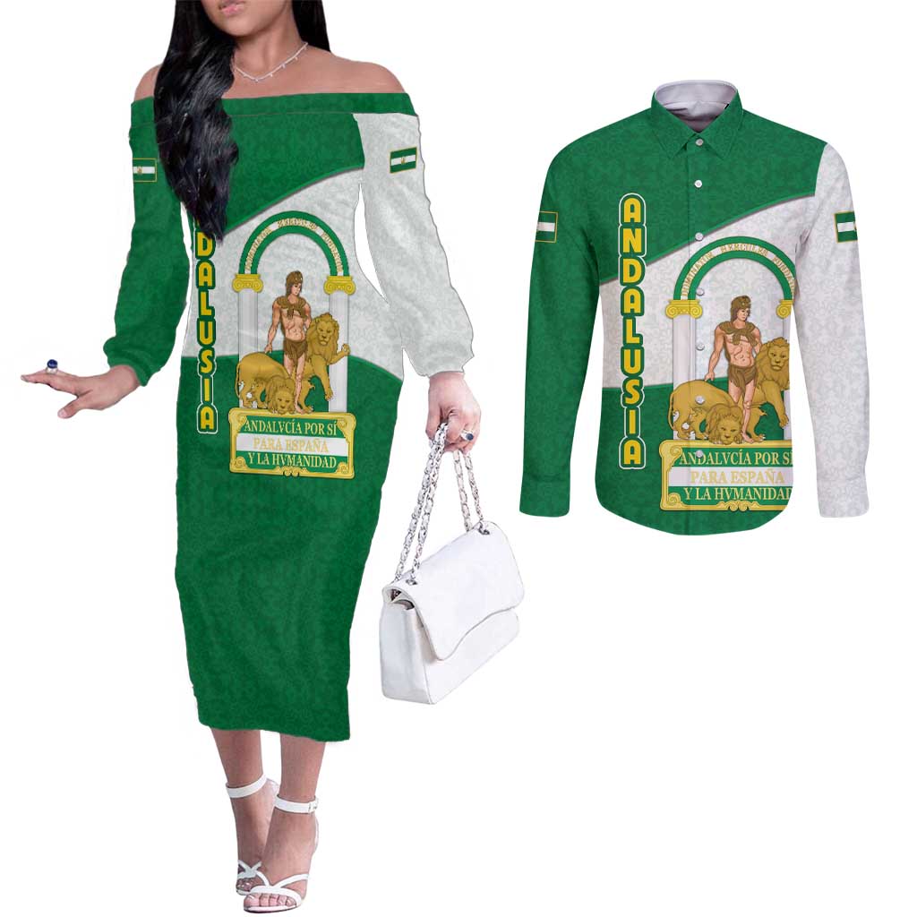 Andalusia Flag Couples Matching Off The Shoulder Long Sleeve Dress and Long Sleeve Button Shirt Autonomous Community of Spain - Wonder Print Shop