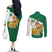 Andalusia Flag Couples Matching Off The Shoulder Long Sleeve Dress and Long Sleeve Button Shirt Autonomous Community of Spain - Wonder Print Shop