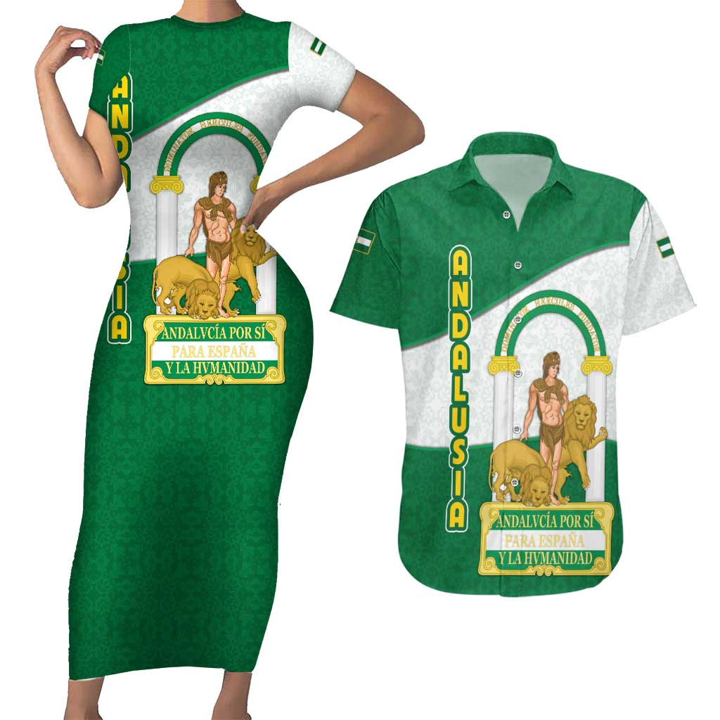 Andalusia Flag Couples Matching Short Sleeve Bodycon Dress and Hawaiian Shirt Autonomous Community of Spain - Wonder Print Shop