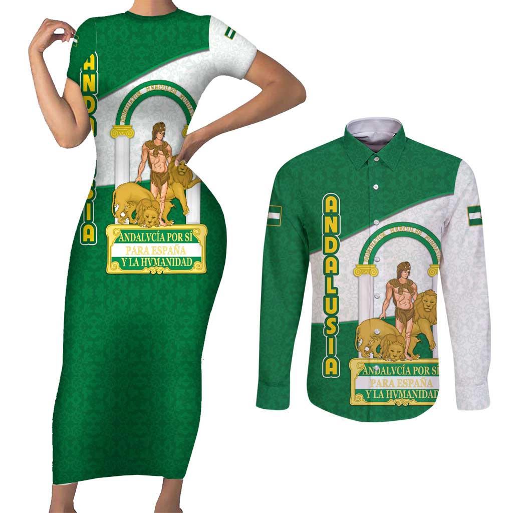 Andalusia Flag Couples Matching Short Sleeve Bodycon Dress and Long Sleeve Button Shirt Autonomous Community of Spain - Wonder Print Shop