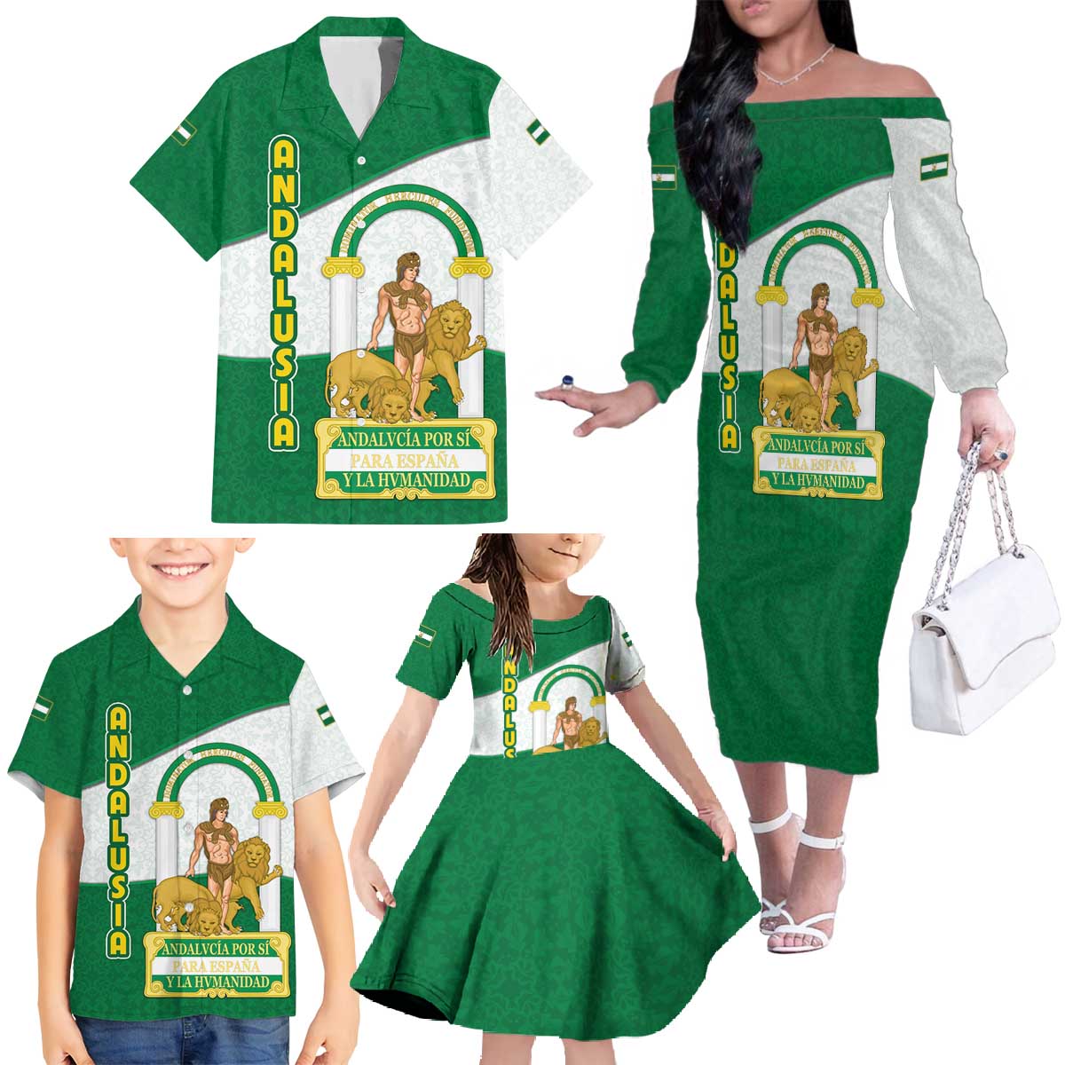 Andalusia Flag Family Matching Off The Shoulder Long Sleeve Dress and Hawaiian Shirt Autonomous Community of Spain - Wonder Print Shop
