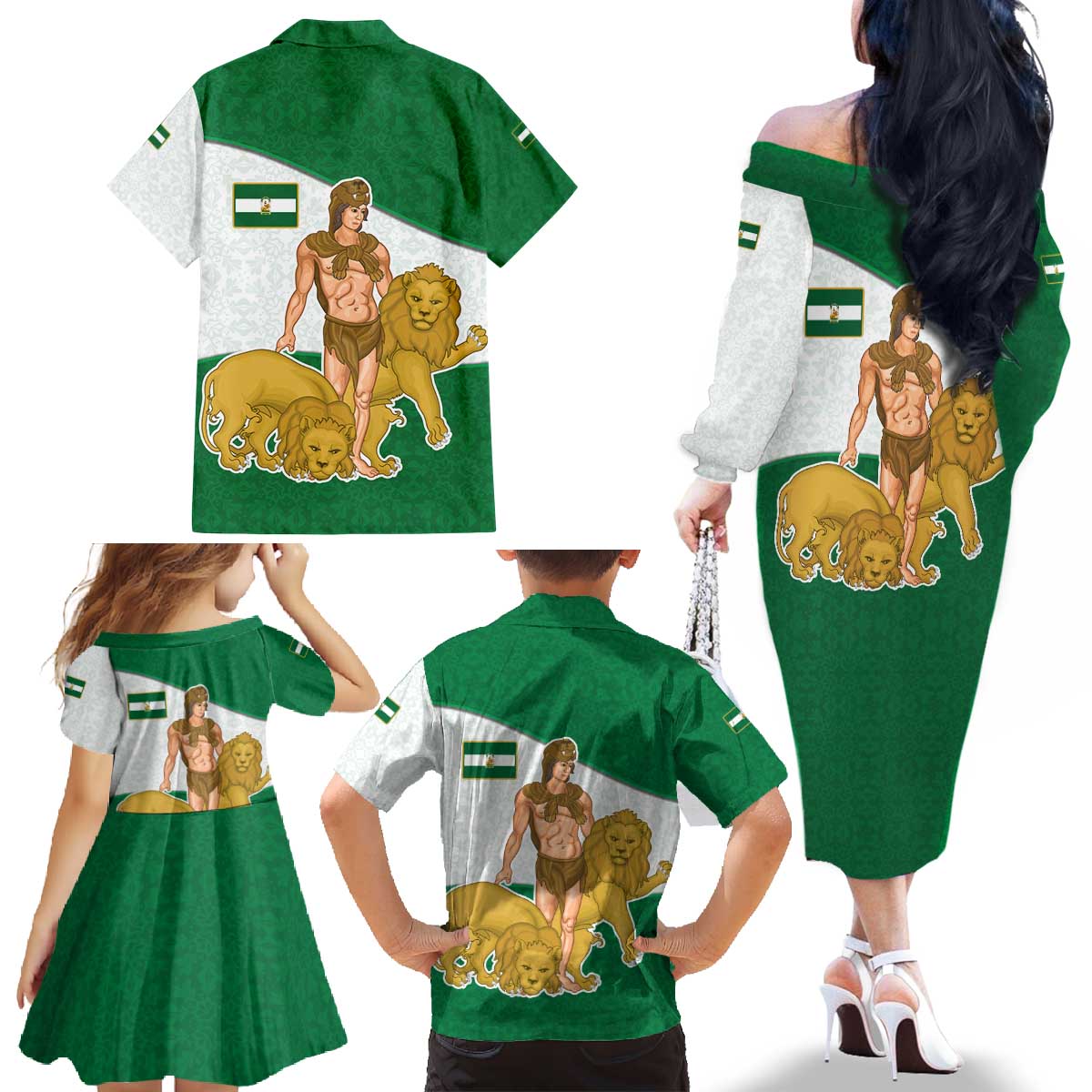 Andalusia Flag Family Matching Off The Shoulder Long Sleeve Dress and Hawaiian Shirt Autonomous Community of Spain - Wonder Print Shop