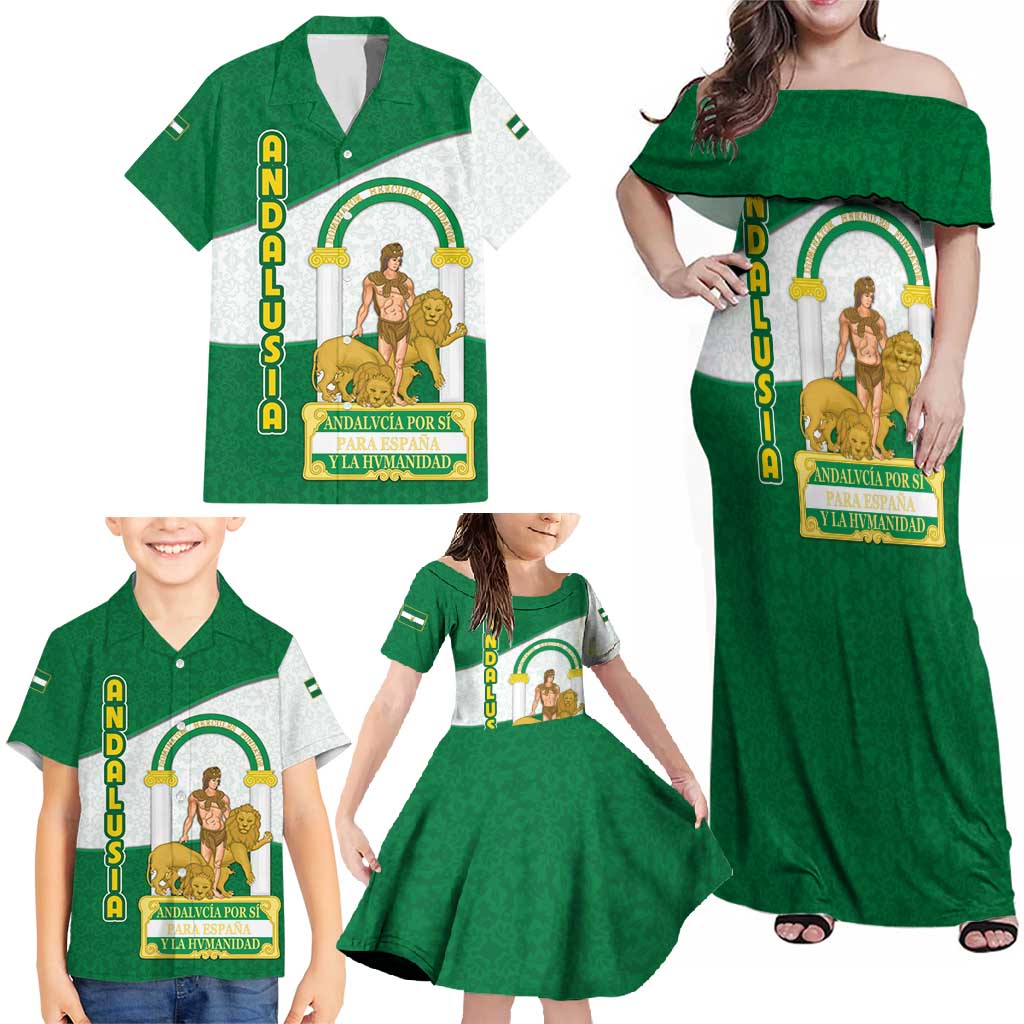 Andalusia Flag Family Matching Off Shoulder Maxi Dress and Hawaiian Shirt Autonomous Community of Spain - Wonder Print Shop