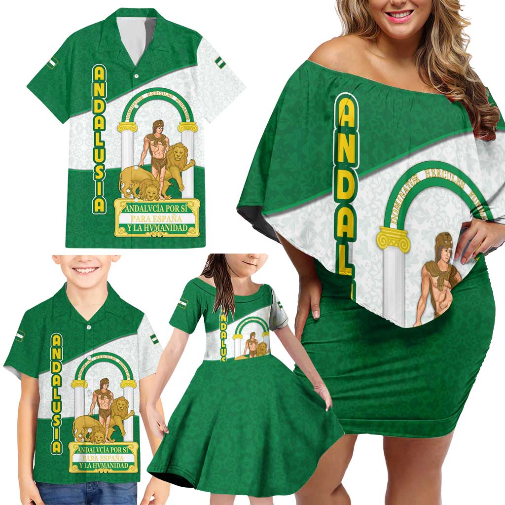 Andalusia Flag Family Matching Off Shoulder Short Dress and Hawaiian Shirt Autonomous Community of Spain - Wonder Print Shop