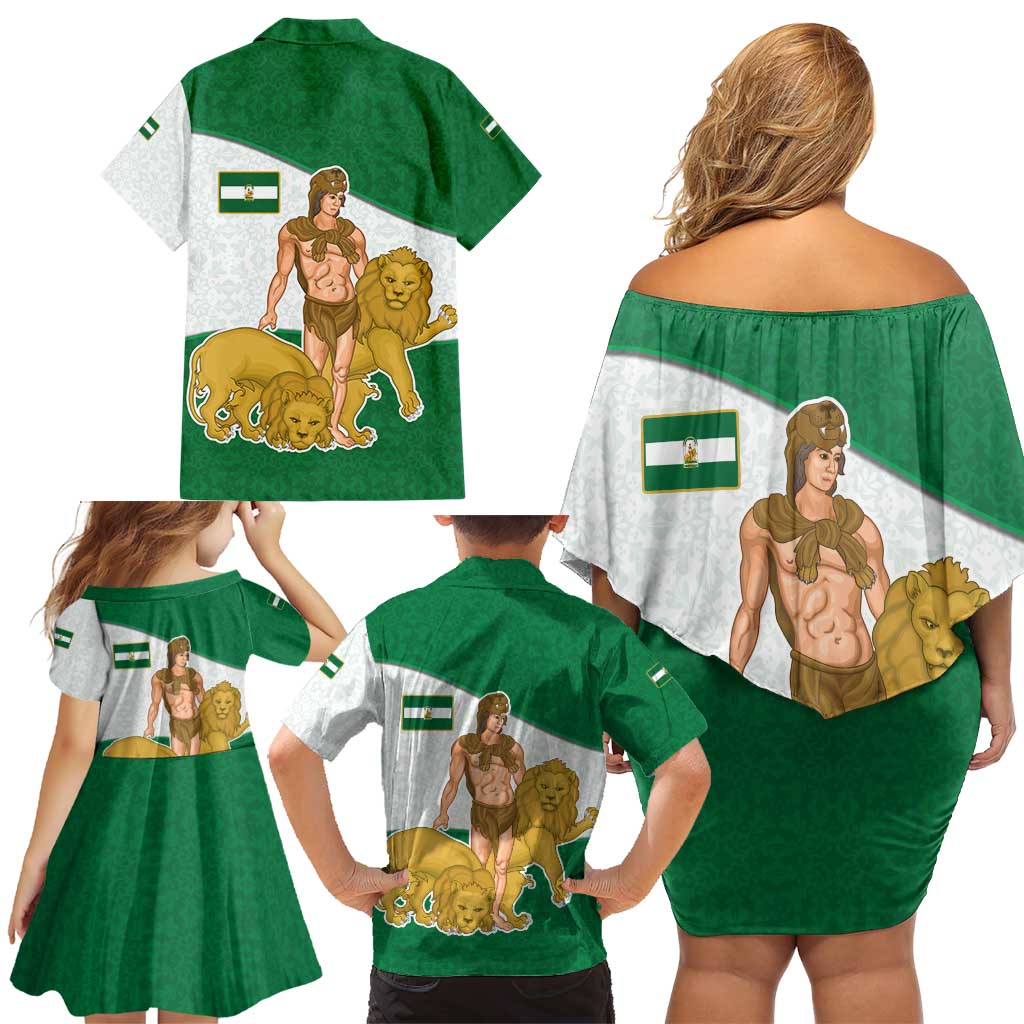 Andalusia Flag Family Matching Off Shoulder Short Dress and Hawaiian Shirt Autonomous Community of Spain - Wonder Print Shop
