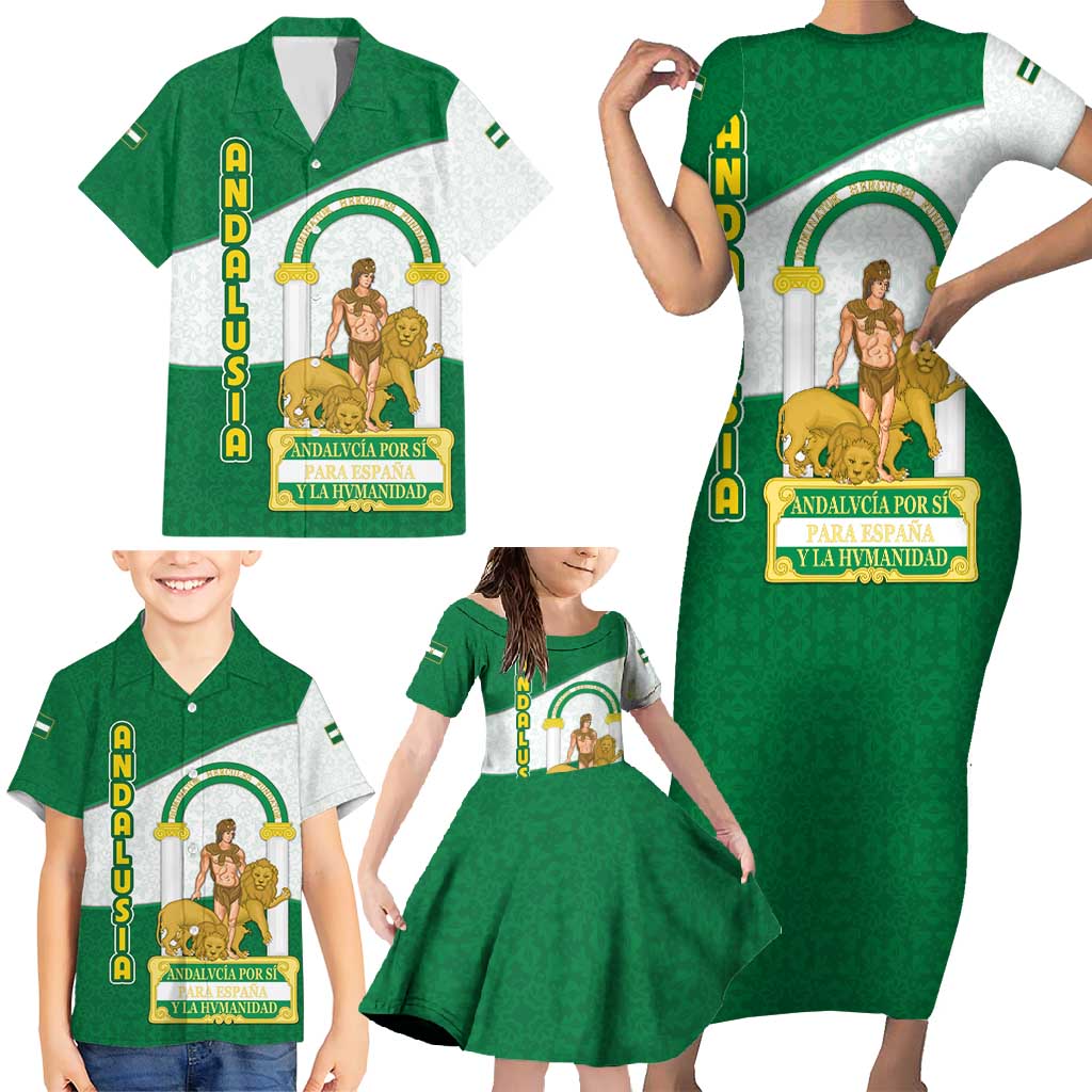 Andalusia Flag Family Matching Short Sleeve Bodycon Dress and Hawaiian Shirt Autonomous Community of Spain - Wonder Print Shop