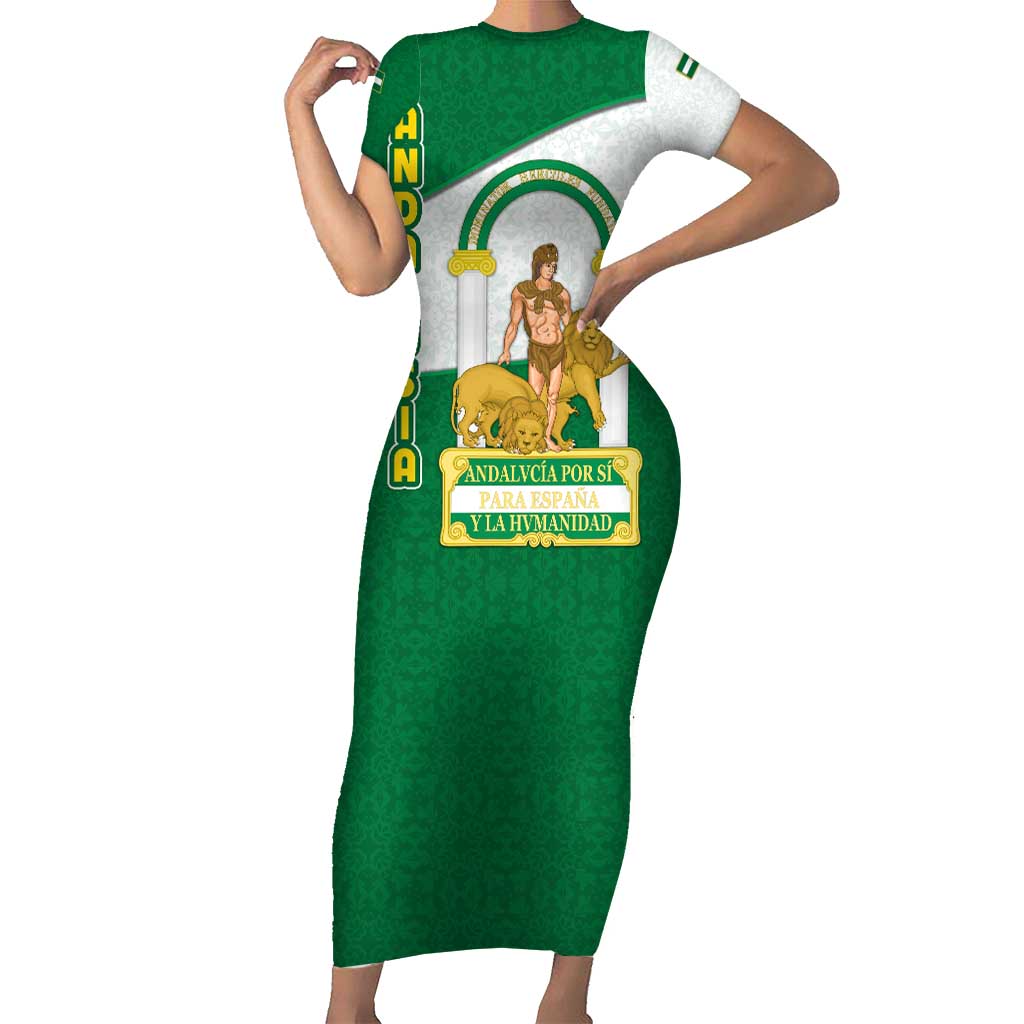 Andalusia Flag Short Sleeve Bodycon Dress Autonomous Community of Spain - Wonder Print Shop