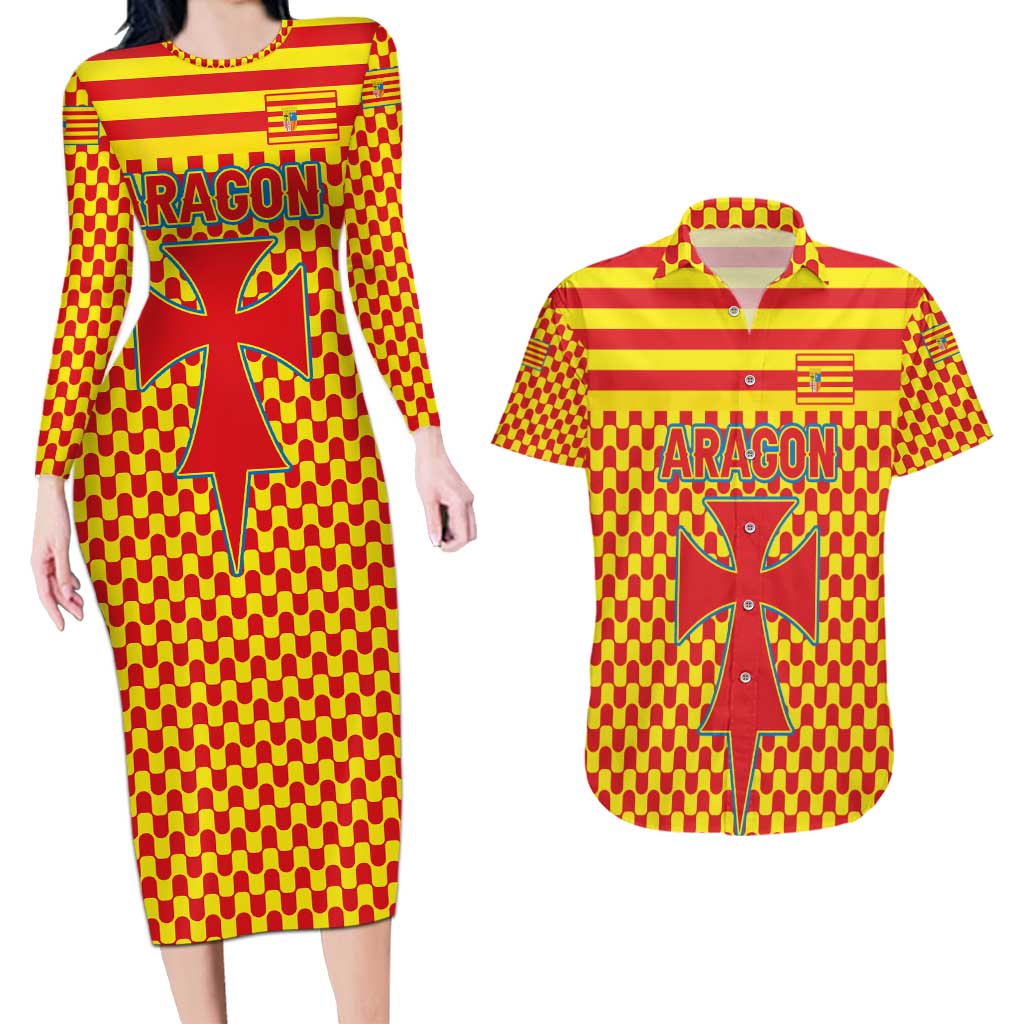 Aragon Flag Couples Matching Long Sleeve Bodycon Dress and Hawaiian Shirt Autonomous Community of Spain - Wonder Print Shop