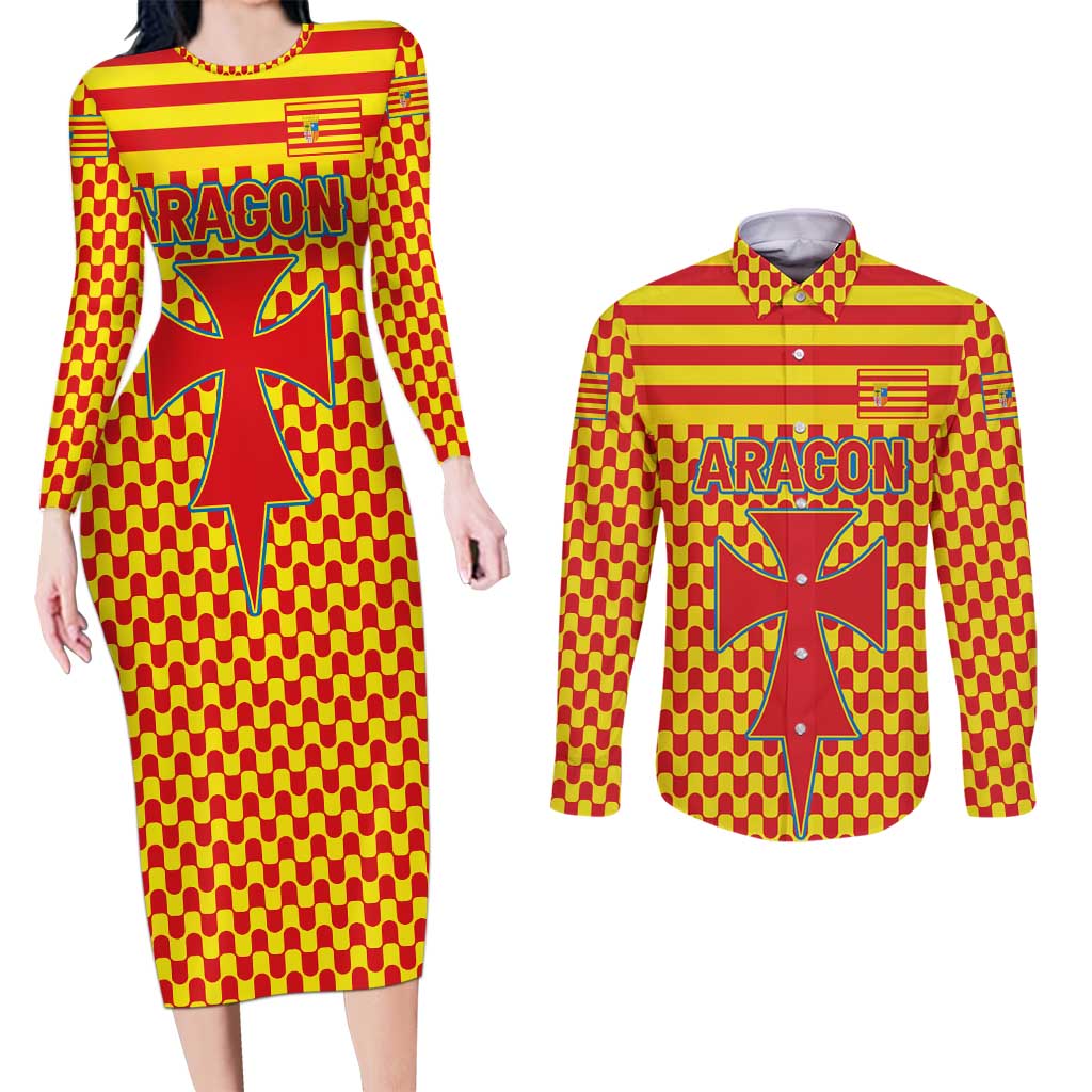 Aragon Flag Couples Matching Long Sleeve Bodycon Dress and Long Sleeve Button Shirt Autonomous Community of Spain - Wonder Print Shop