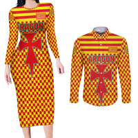Aragon Flag Couples Matching Long Sleeve Bodycon Dress and Long Sleeve Button Shirt Autonomous Community of Spain - Wonder Print Shop