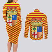 Aragon Flag Couples Matching Long Sleeve Bodycon Dress and Long Sleeve Button Shirt Autonomous Community of Spain - Wonder Print Shop