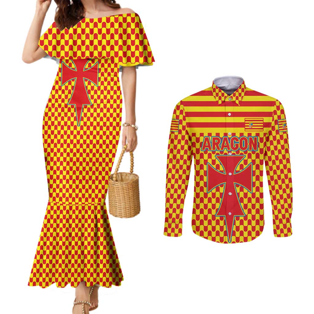 Aragon Flag Couples Matching Mermaid Dress and Long Sleeve Button Shirt Autonomous Community of Spain - Wonder Print Shop
