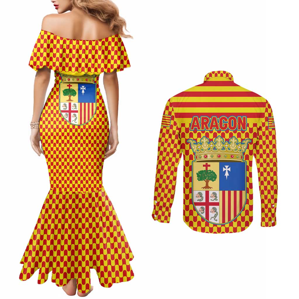 Aragon Flag Couples Matching Mermaid Dress and Long Sleeve Button Shirt Autonomous Community of Spain - Wonder Print Shop
