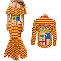 Aragon Flag Couples Matching Mermaid Dress and Long Sleeve Button Shirt Autonomous Community of Spain - Wonder Print Shop