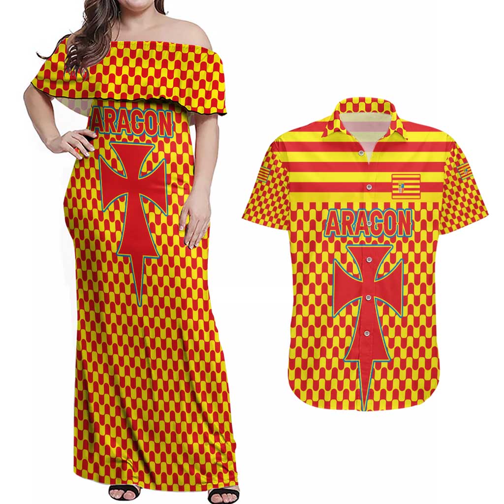 Aragon Flag Couples Matching Off Shoulder Maxi Dress and Hawaiian Shirt Autonomous Community of Spain - Wonder Print Shop