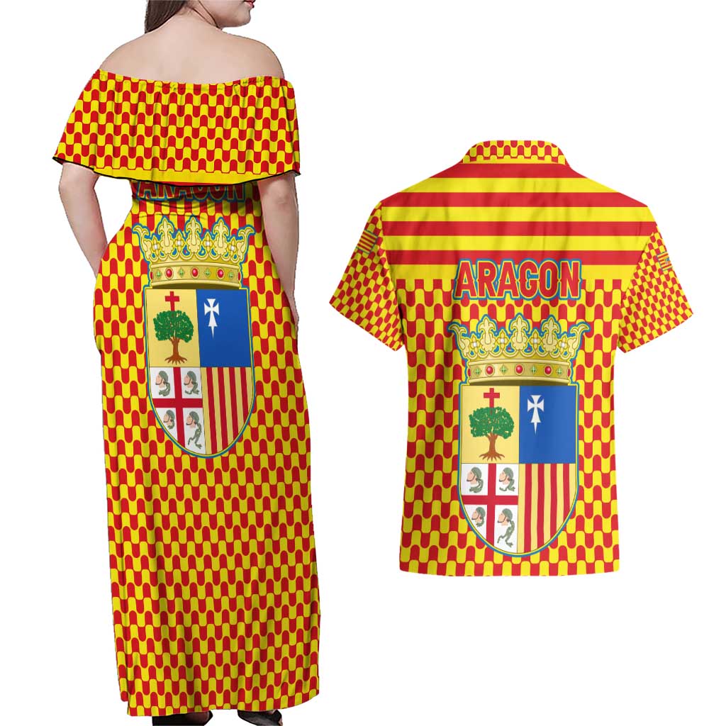 Aragon Flag Couples Matching Off Shoulder Maxi Dress and Hawaiian Shirt Autonomous Community of Spain - Wonder Print Shop