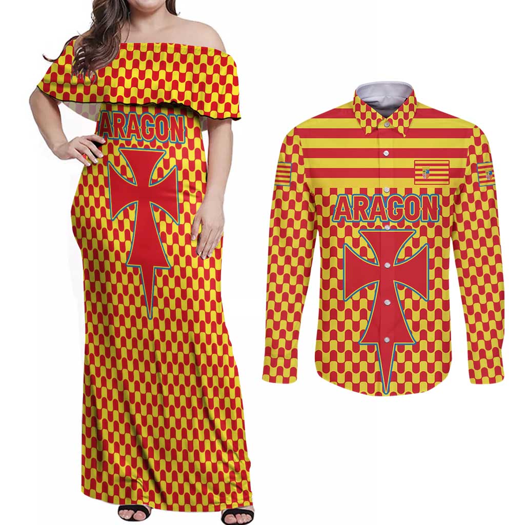 Aragon Flag Couples Matching Off Shoulder Maxi Dress and Long Sleeve Button Shirt Autonomous Community of Spain - Wonder Print Shop