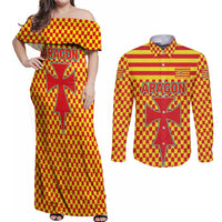Aragon Flag Couples Matching Off Shoulder Maxi Dress and Long Sleeve Button Shirt Autonomous Community of Spain - Wonder Print Shop