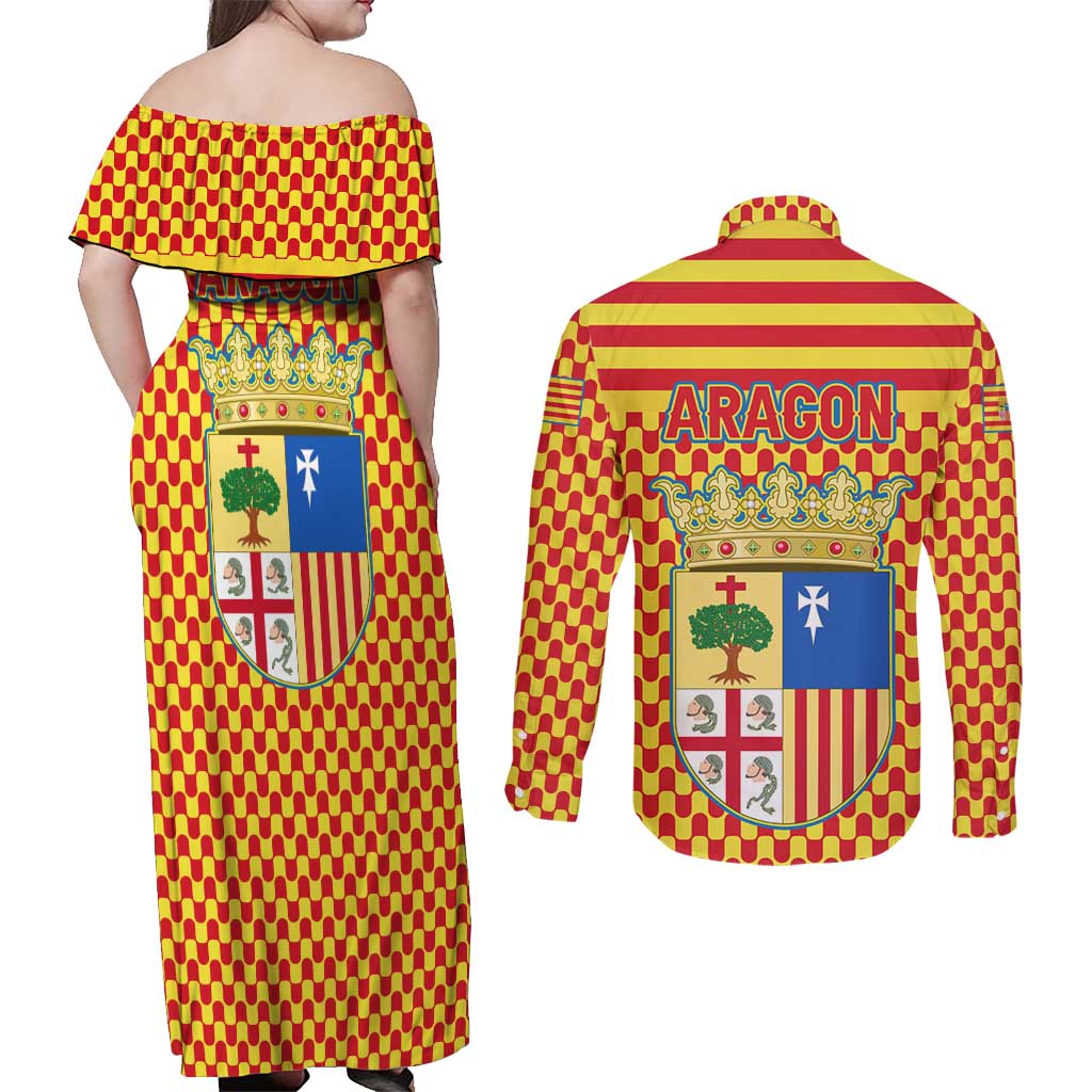Aragon Flag Couples Matching Off Shoulder Maxi Dress and Long Sleeve Button Shirt Autonomous Community of Spain - Wonder Print Shop