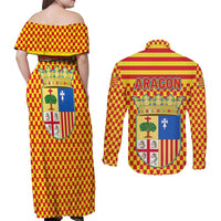 Aragon Flag Couples Matching Off Shoulder Maxi Dress and Long Sleeve Button Shirt Autonomous Community of Spain - Wonder Print Shop