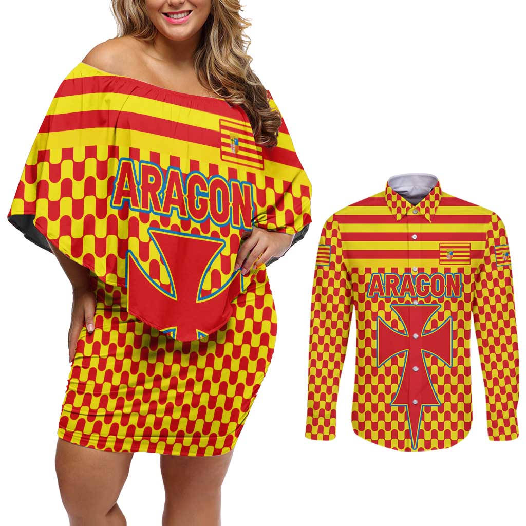 Aragon Flag Couples Matching Off Shoulder Short Dress and Long Sleeve Button Shirt Autonomous Community of Spain - Wonder Print Shop
