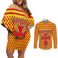 Aragon Flag Couples Matching Off Shoulder Short Dress and Long Sleeve Button Shirt Autonomous Community of Spain - Wonder Print Shop