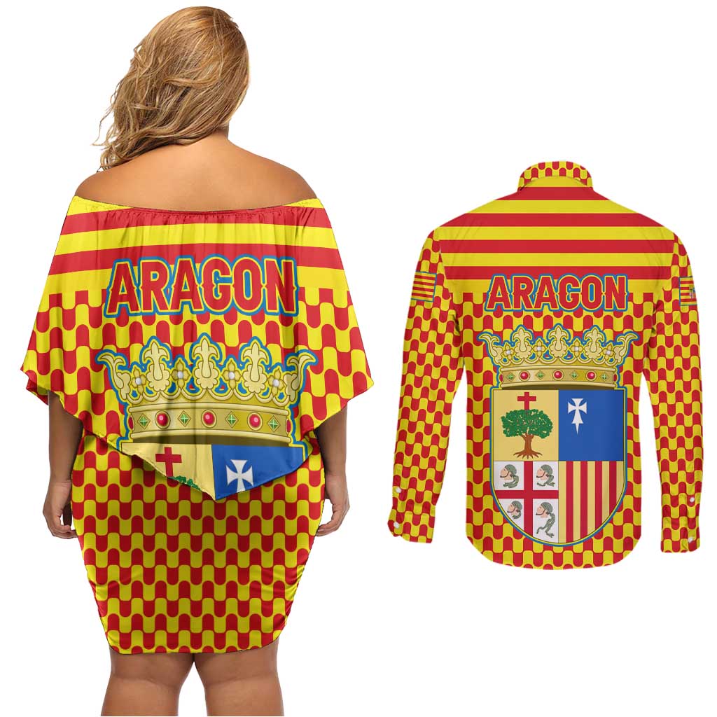 Aragon Flag Couples Matching Off Shoulder Short Dress and Long Sleeve Button Shirt Autonomous Community of Spain - Wonder Print Shop
