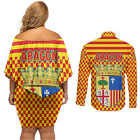 Aragon Flag Couples Matching Off Shoulder Short Dress and Long Sleeve Button Shirt Autonomous Community of Spain - Wonder Print Shop