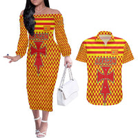 Aragon Flag Couples Matching Off The Shoulder Long Sleeve Dress and Hawaiian Shirt Autonomous Community of Spain - Wonder Print Shop