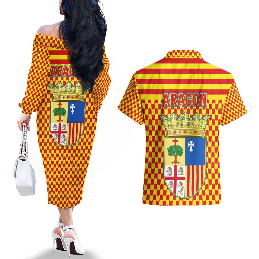 Aragon Flag Couples Matching Off The Shoulder Long Sleeve Dress and Hawaiian Shirt Autonomous Community of Spain - Wonder Print Shop