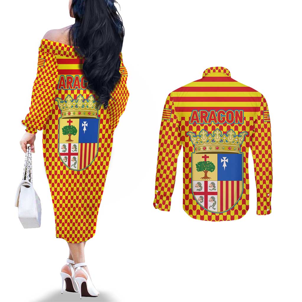 Aragon Flag Couples Matching Off The Shoulder Long Sleeve Dress and Long Sleeve Button Shirt Autonomous Community of Spain - Wonder Print Shop