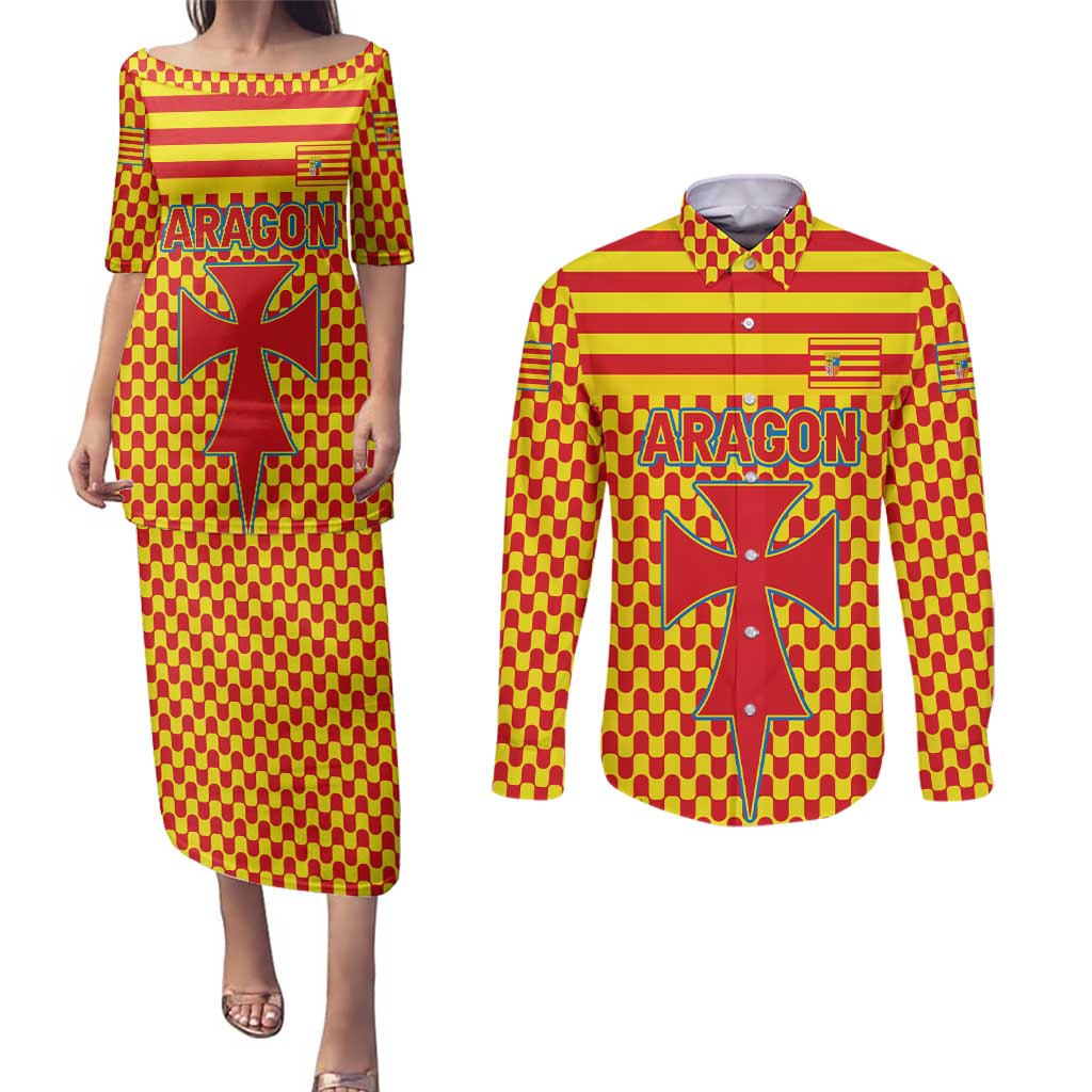 Aragon Flag Couples Matching Puletasi and Long Sleeve Button Shirt Autonomous Community of Spain - Wonder Print Shop