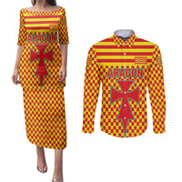 Aragon Flag Couples Matching Puletasi and Long Sleeve Button Shirt Autonomous Community of Spain - Wonder Print Shop
