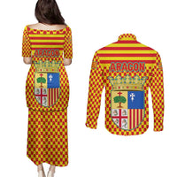 Aragon Flag Couples Matching Puletasi and Long Sleeve Button Shirt Autonomous Community of Spain - Wonder Print Shop
