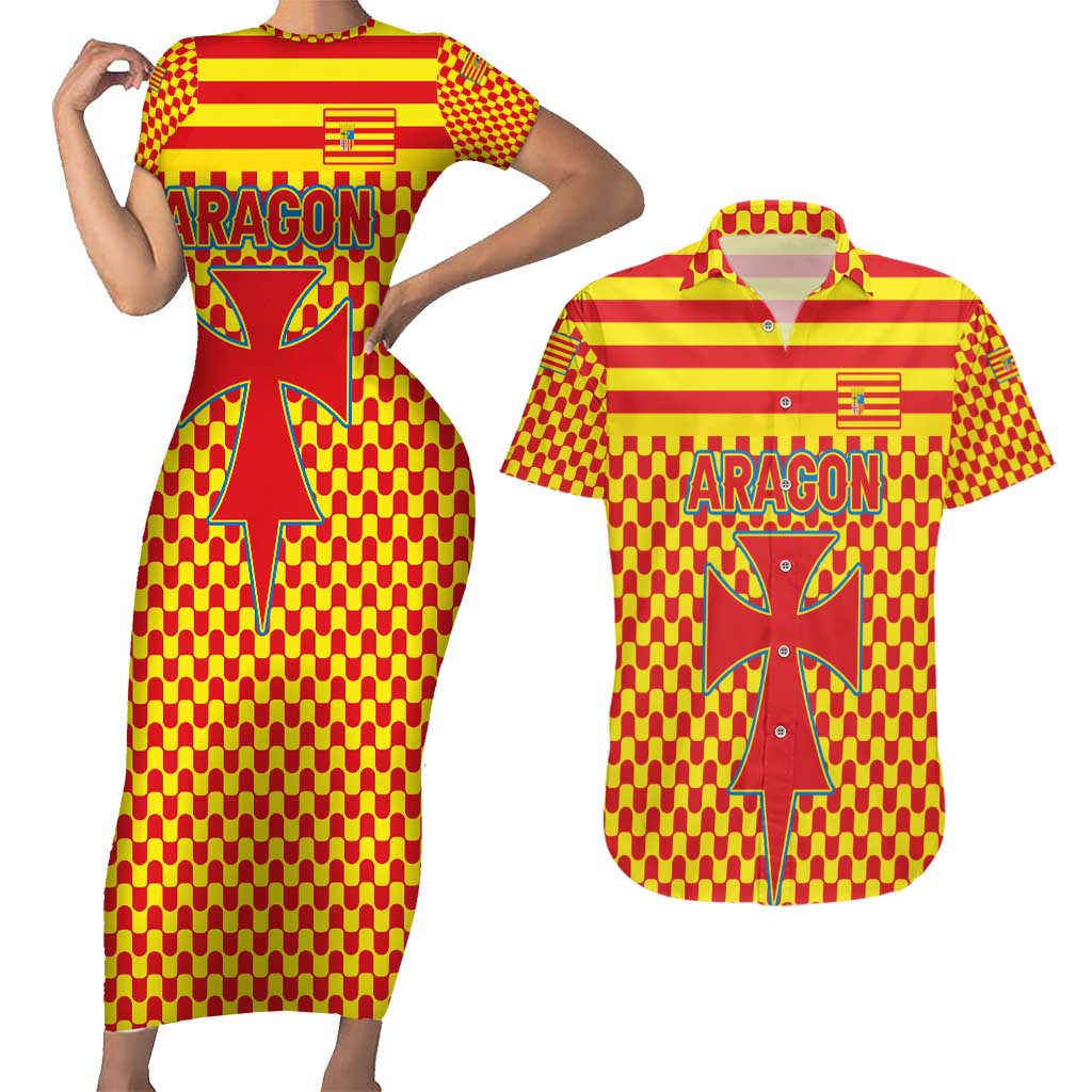 Aragon Flag Couples Matching Short Sleeve Bodycon Dress and Hawaiian Shirt Autonomous Community of Spain - Wonder Print Shop