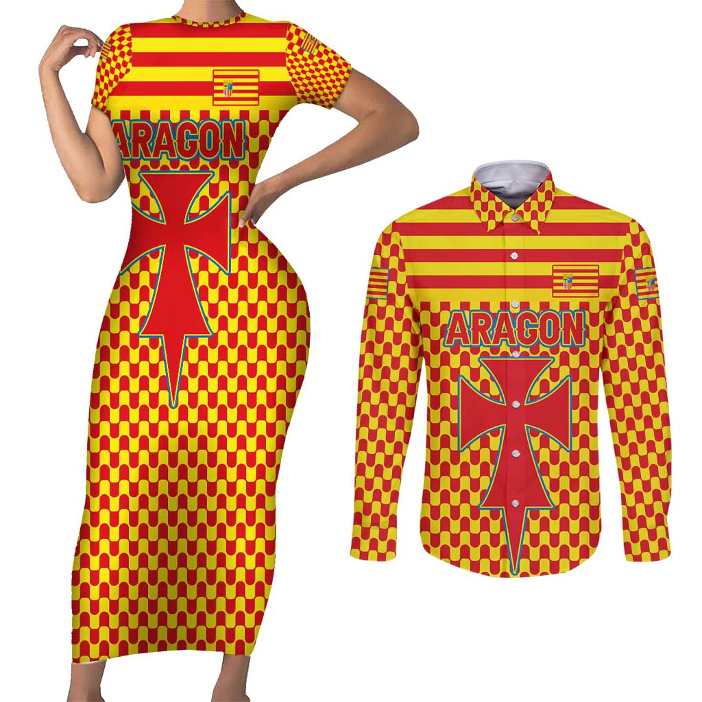 Aragon Flag Couples Matching Short Sleeve Bodycon Dress and Long Sleeve Button Shirt Autonomous Community of Spain - Wonder Print Shop