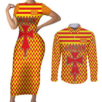 Aragon Flag Couples Matching Short Sleeve Bodycon Dress and Long Sleeve Button Shirt Autonomous Community of Spain - Wonder Print Shop
