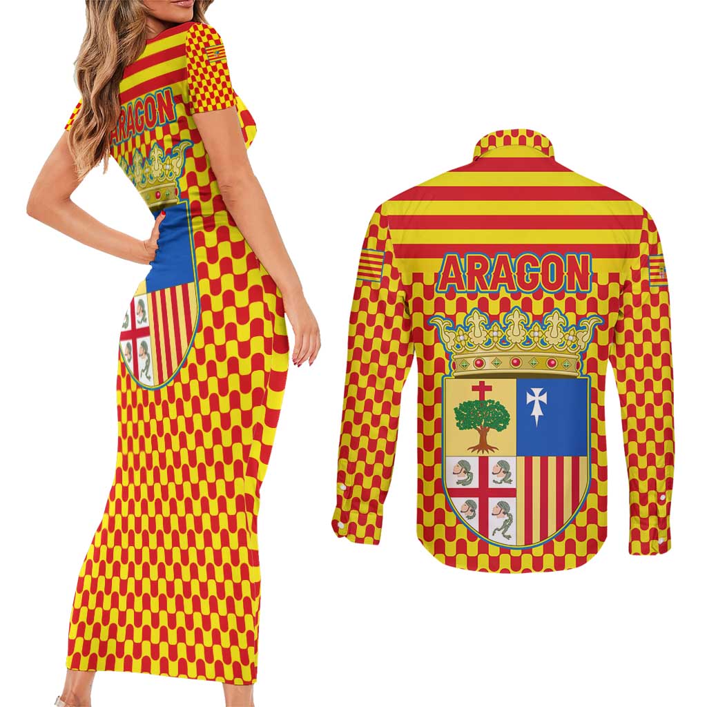 Aragon Flag Couples Matching Short Sleeve Bodycon Dress and Long Sleeve Button Shirt Autonomous Community of Spain - Wonder Print Shop