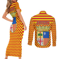 Aragon Flag Couples Matching Short Sleeve Bodycon Dress and Long Sleeve Button Shirt Autonomous Community of Spain - Wonder Print Shop