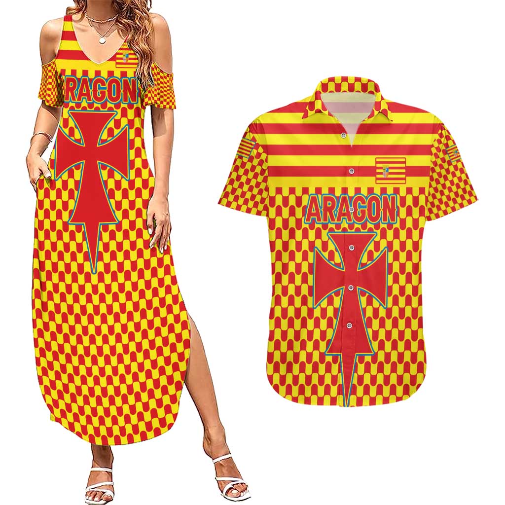 Aragon Flag Couples Matching Summer Maxi Dress and Hawaiian Shirt Autonomous Community of Spain - Wonder Print Shop
