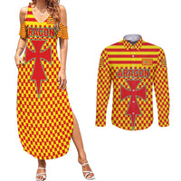 Aragon Flag Couples Matching Summer Maxi Dress and Long Sleeve Button Shirt Autonomous Community of Spain - Wonder Print Shop
